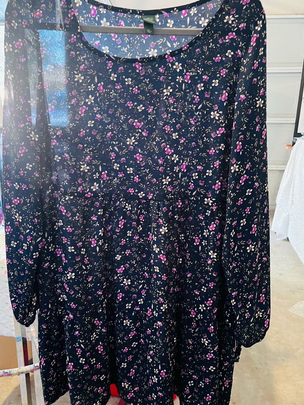 Wild Fable Tiered Navy Pink White Floral Mini Dress Balloon Long Sleeve Ruffle L